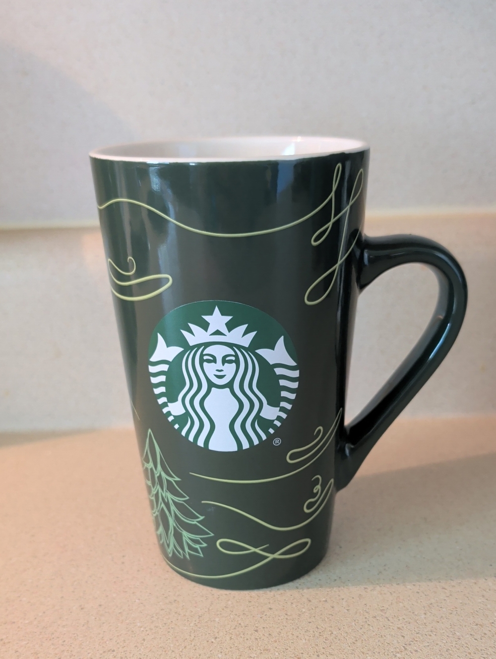 Starbucks Dark Green Ceramic Mug with Pale Green Accents